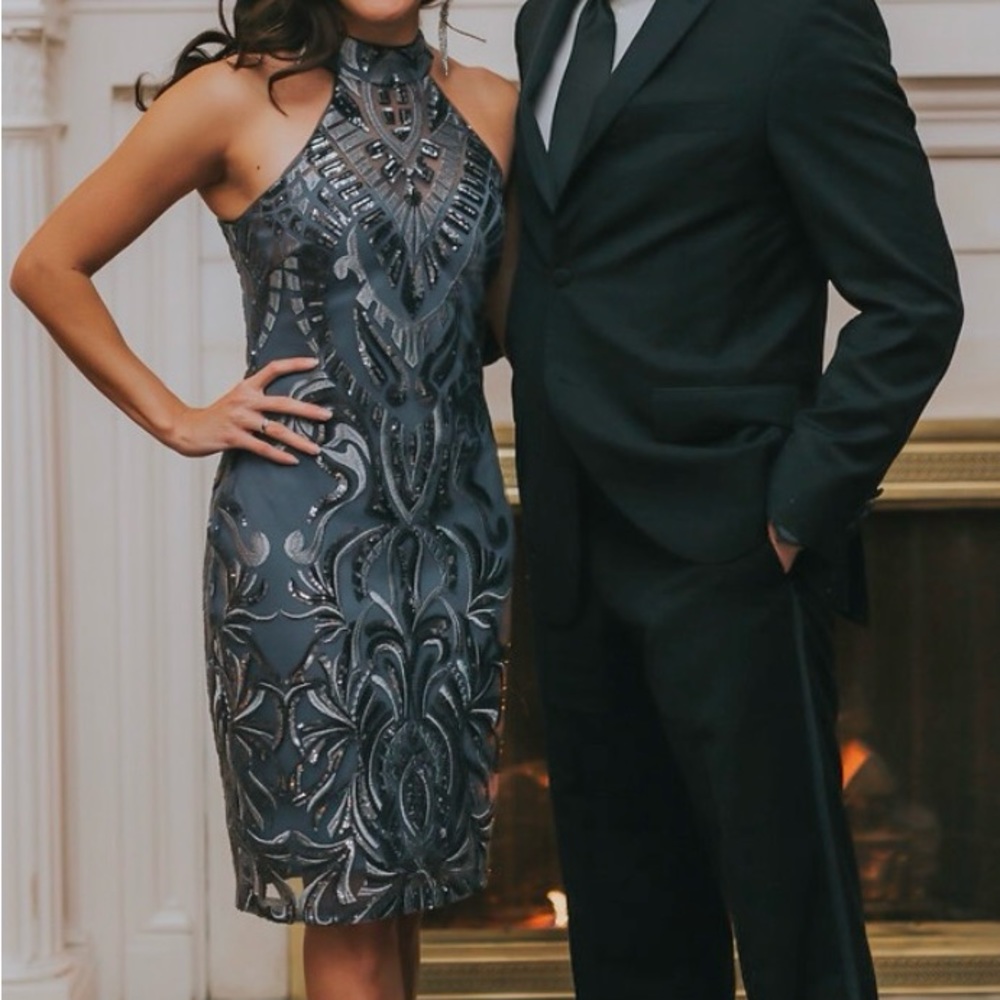 Formal silver sequin halter dress